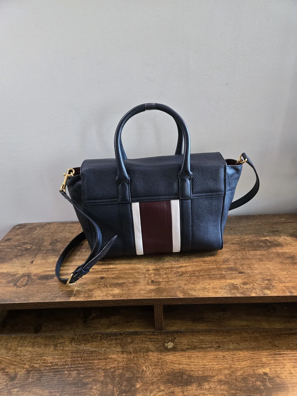 Mulberry Navy Leather Satchel with Burgundy and White Center Stripe
